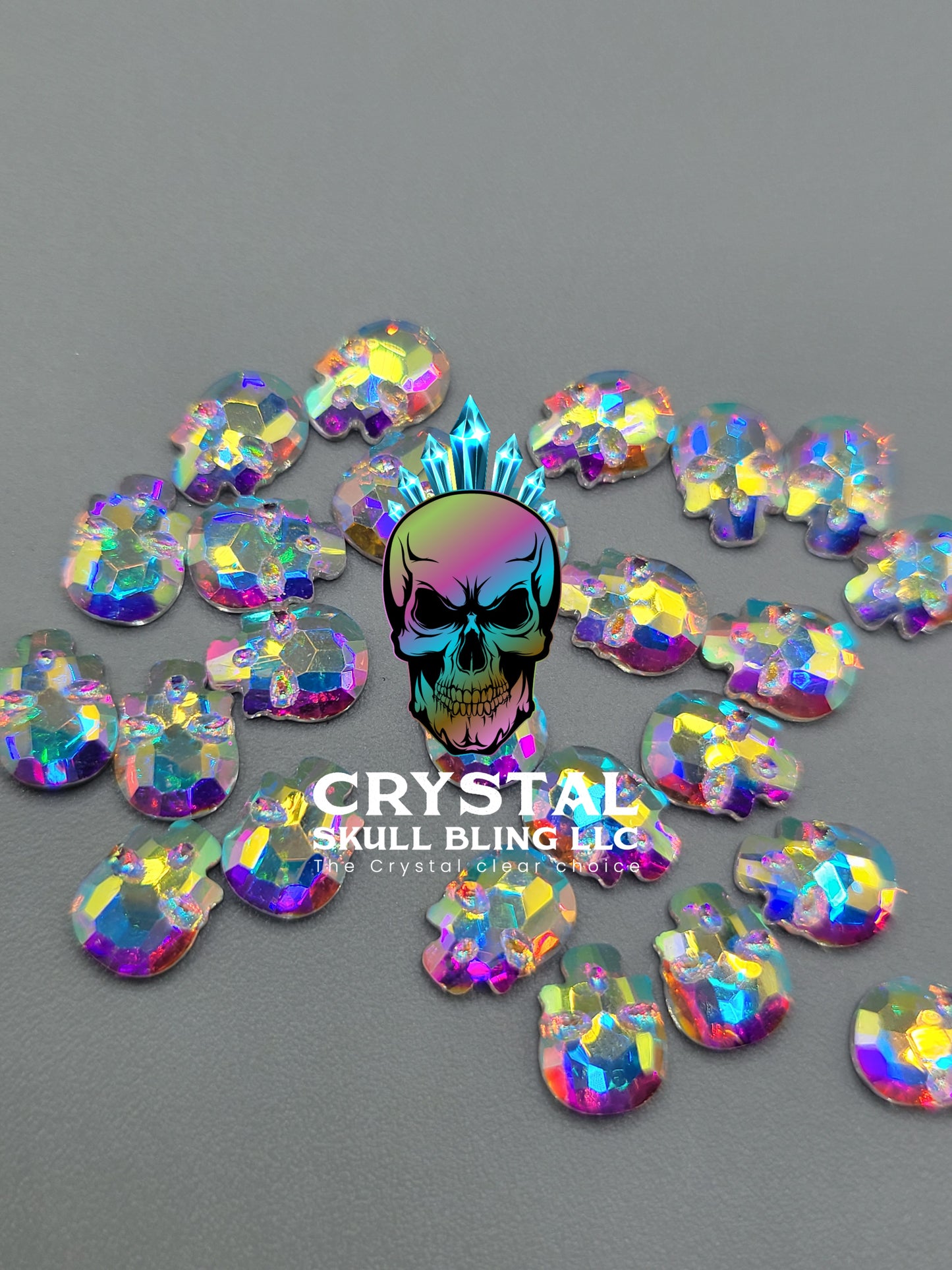 Glass Skull Face Stones (Crystal Ab) (6.8mm)
